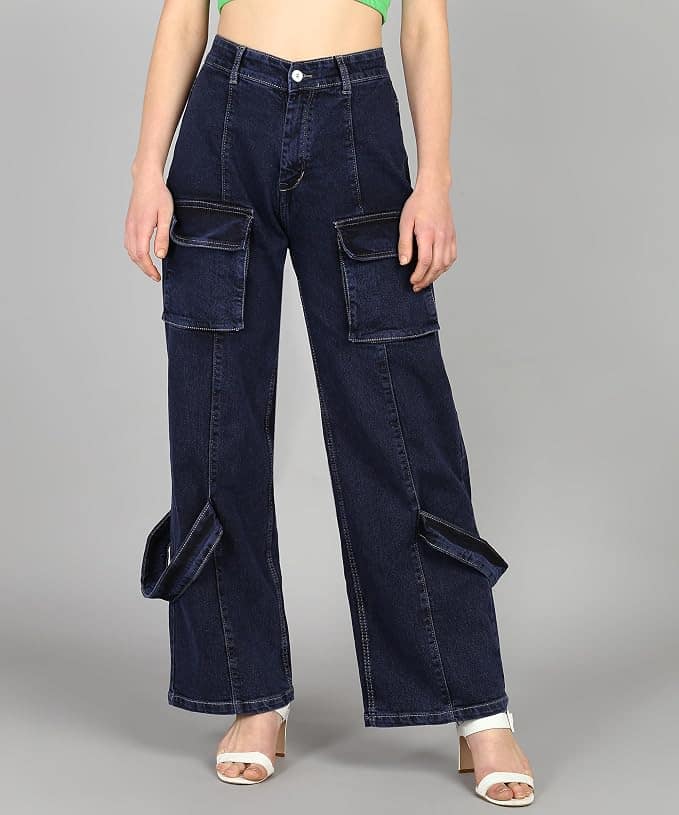 Glossia Fashion Women Cargo Jeans | High Rise Stretchable Baggy Wide LegDenim| Boyfriend Jeans for Women - Dark Blue, 38 view 2