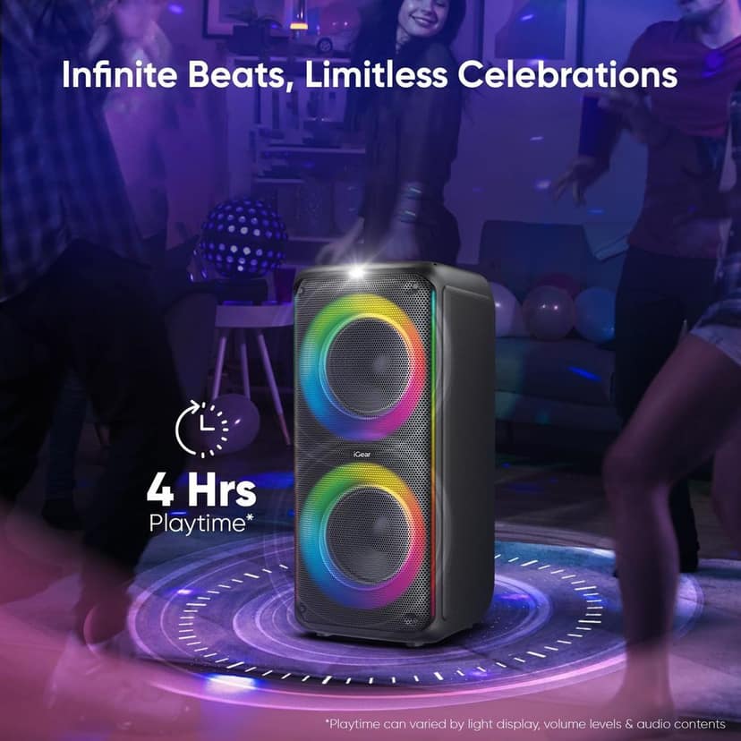iGear X-Bass 60 Ultimate 60W Portable Bluetooth Party Speaker with Dual Bass Radiators - Rechargeable Karaoke Mic, Mesmerizing RGB Lights, True Wireless Stereo (TWS), and Remote Control (Black) view 3