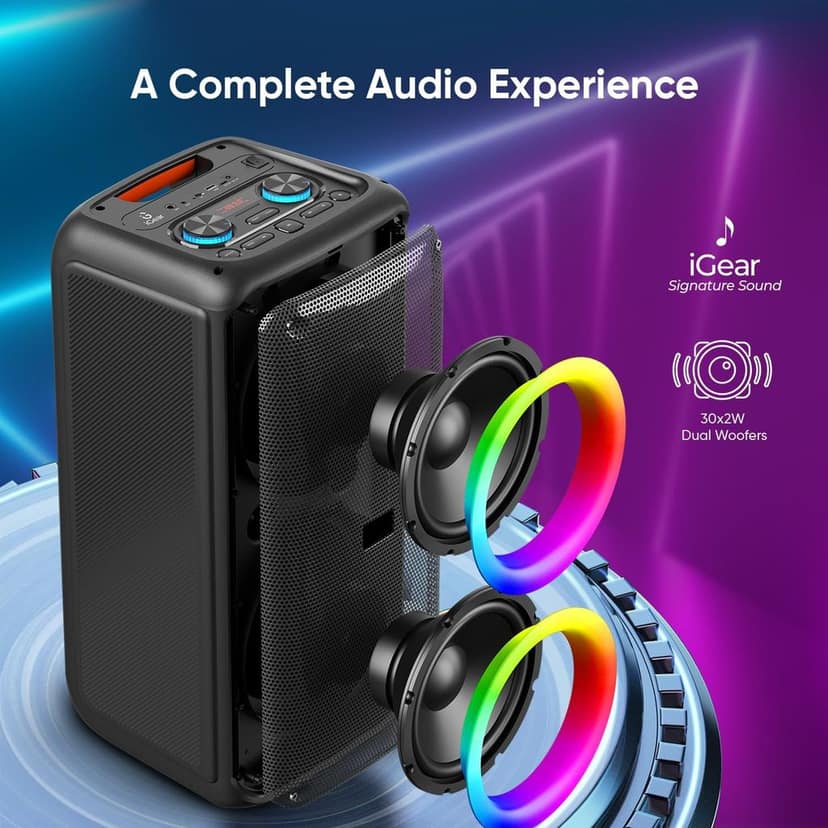 iGear X-Bass 60 Ultimate 60W Portable Bluetooth Party Speaker with Dual Bass Radiators - Rechargeable Karaoke Mic, Mesmerizing RGB Lights, True Wireless Stereo (TWS), and Remote Control (Black) view 4