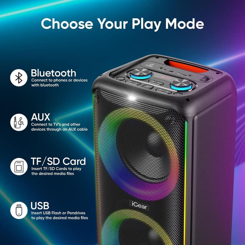 iGear X-Bass 60 Ultimate 60W Portable Bluetooth Party Speaker with Dual Bass Radiators - Rechargeable Karaoke Mic, Mesmerizing RGB Lights, True Wireless Stereo (TWS), and Remote Control (Black) view 5
