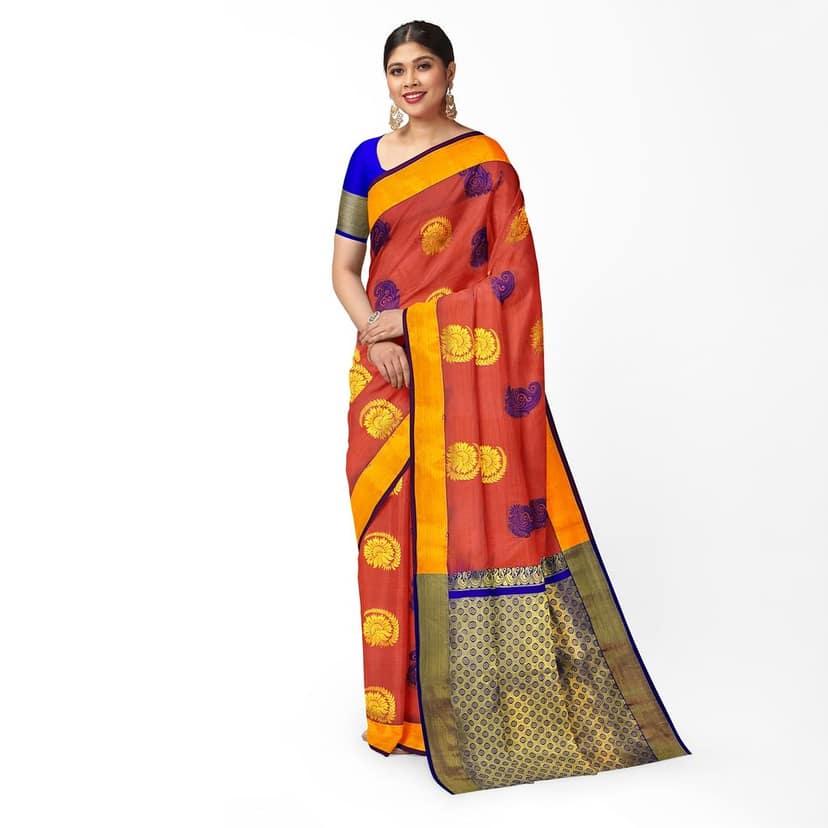 Dark Orange Color Mixed Soft Silk Saree with Unstitched Blouse