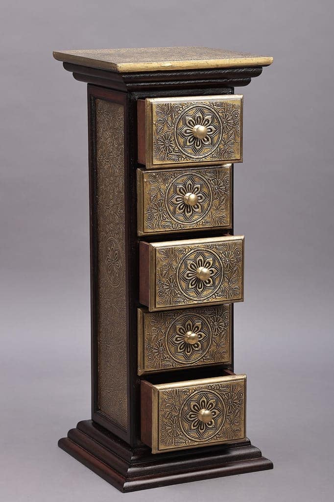 Wood To Cart® Wooden And Brass Drawer Chest, Side Table, End Table, Storage With 5 Drawers, Handmade Indian Ethnic Style(11x11x27") view 2
