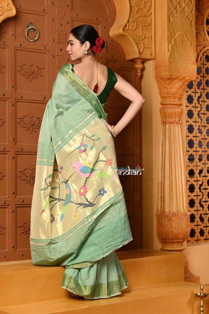 Shubh ~ Handloom Pure Cotton Paithani With Parrot Pallu in Slaked Green view 3