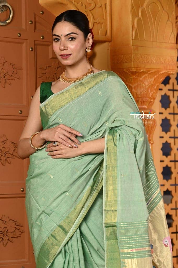Shubh ~ Handloom Pure Cotton Paithani With Parrot Pallu in Slaked Green view 4