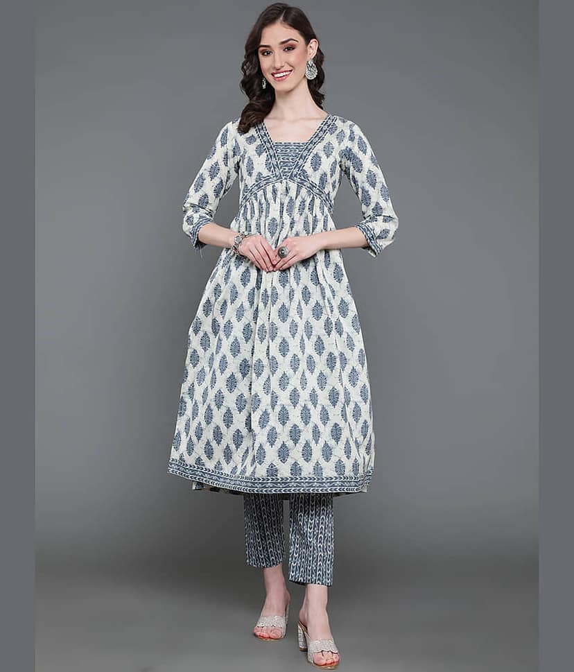 Antaran Cotton Blend Printed Kurti With Pants Women's Stitched Salwar Suit - Grey ( Pack of 1 )