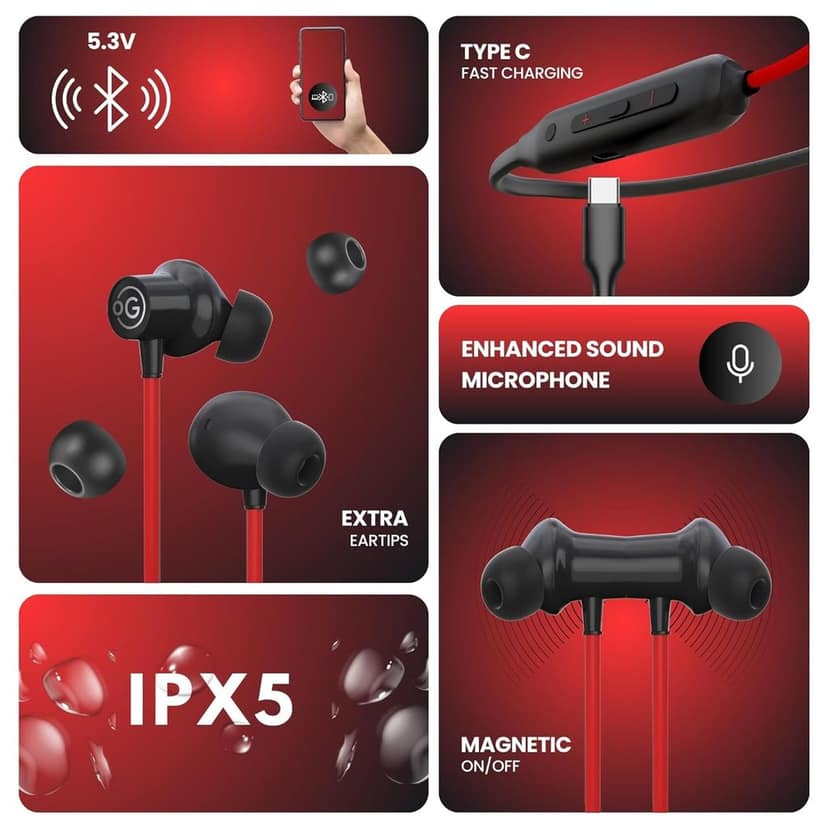 OOGE Tune 7 in-Ear Bluetooth Neckband with ENC, 3D Surround Sound, Magnetic On-Off, Voice Assistant, Type-C Fast Charging, IPX5 Sweat-Resistant, 25H Playtime,10mm PureTone Driver for Dyamic Bass (Red) view 7