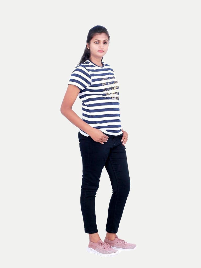Women Blue Striped Printed T-shirt view 4