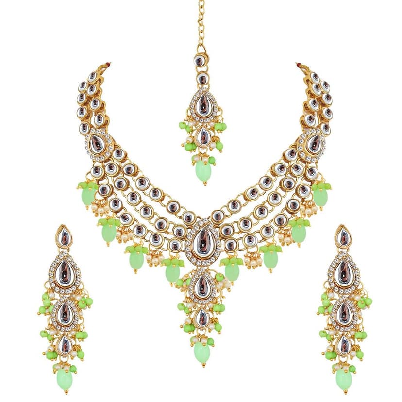 Lucky Jewellery Gold Plated White Green Color Tika Earring Necklace Combo Kundan Jewellery Set (726-MSK-3-LINE-PRT) view 4