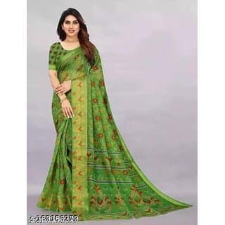 Green Colour Cotton Printed saree With Blouse Piece