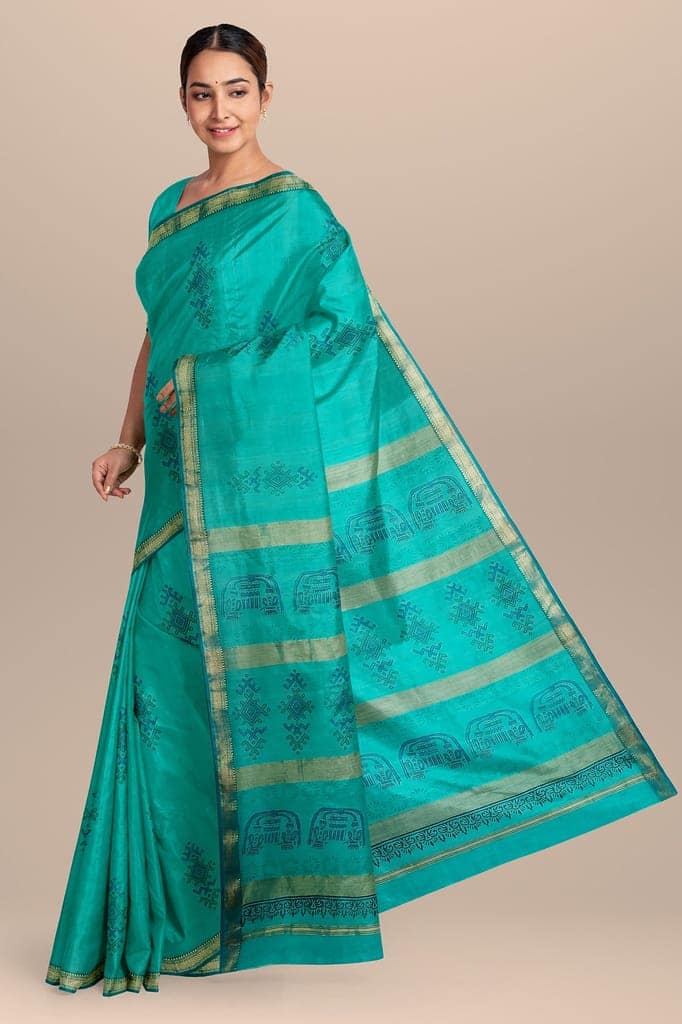 Turquoise Blue Handwoven Hand Block Print Sausar Silk Saree SKU-AS10014 view 2