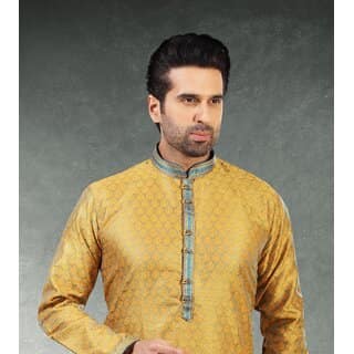 Raivat Ethnic Yellow Blue Colour Jacquard Silk Brocade Kurta Pajama 1009 view 2