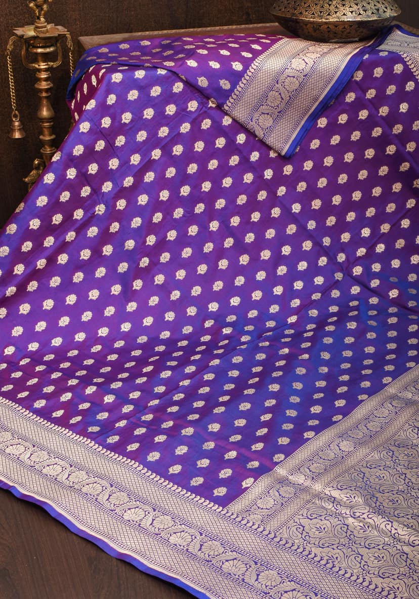 Dual tone Purple-blue Pure Katan Silk Banarasi Saree with Dense Buttas| SILK MARK CERTIFIED view 2