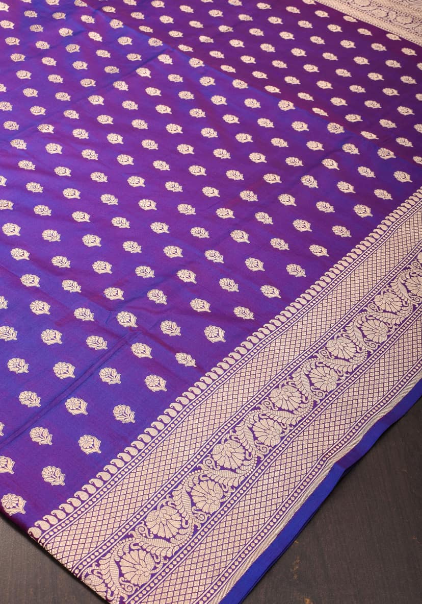 Dual tone Purple-blue Pure Katan Silk Banarasi Saree with Dense Buttas| SILK MARK CERTIFIED view 3