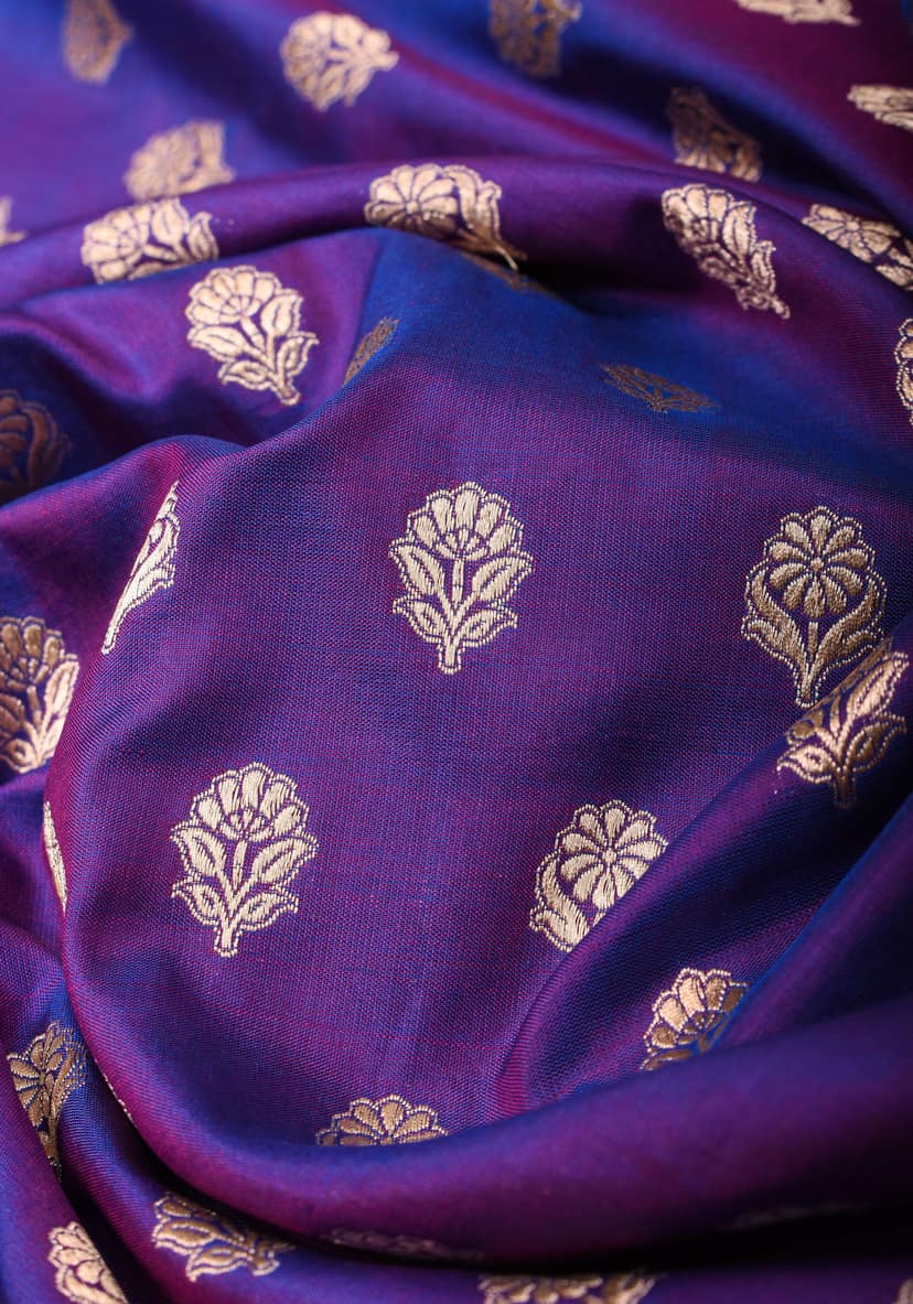 Dual tone Purple-blue Pure Katan Silk Banarasi Saree with Dense Buttas| SILK MARK CERTIFIED view 4