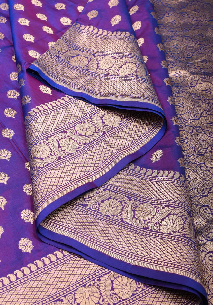 Dual tone Purple-blue Pure Katan Silk Banarasi Saree with Dense Buttas| SILK MARK CERTIFIED view 5