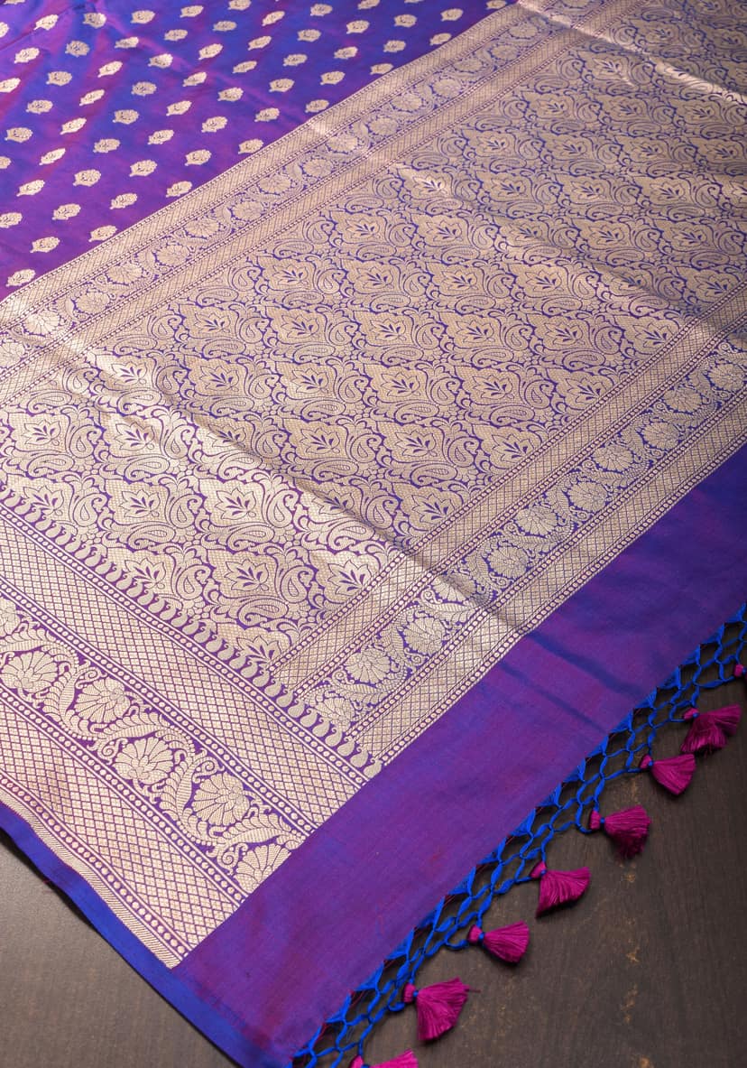Dual tone Purple-blue Pure Katan Silk Banarasi Saree with Dense Buttas| SILK MARK CERTIFIED view 8