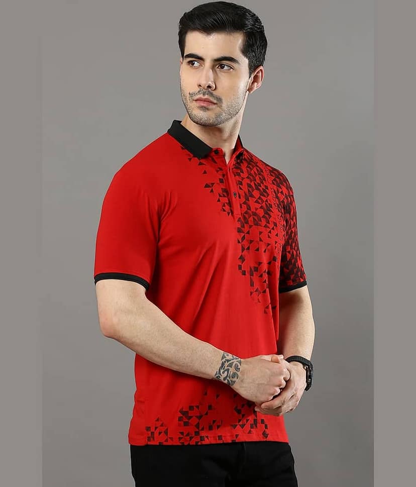 Cool Colors Pack of 1 Cotton Regular Fit Printed Half Sleeves Men's Polo T Shirt ( Red ) view 3