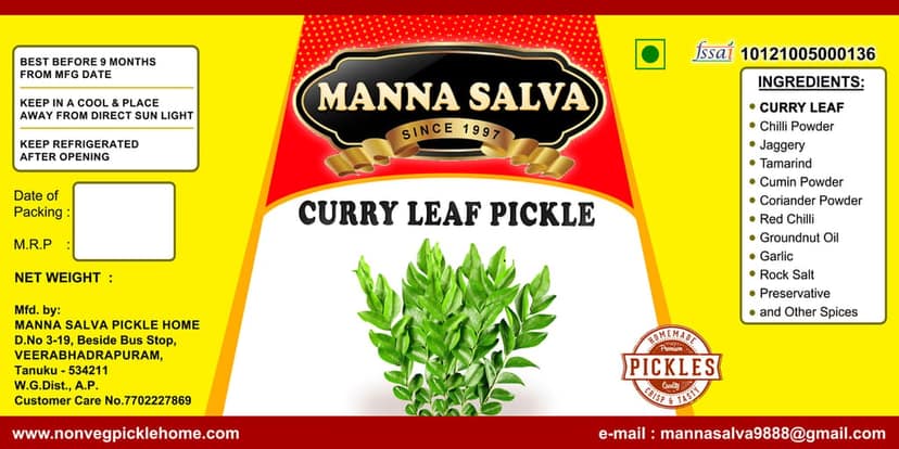 Manna Salva Pickles- Curry Leaf Pickle - Veg Pickle view 5