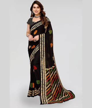 ANAND SAREES Georgette Printed Saree With Unstitched Blouse Piece ( Black )