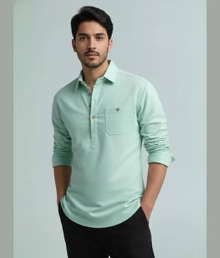 BHUVIKOO Cotton Blend Plain Shirt Style Kurta For Men ( Grey )
