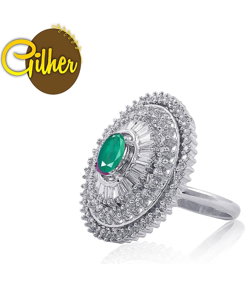 Gilher fashion Silver Plated American Diamond Green Stone Cocktail Ring With Adjustable Size For Women And Girls. view 2