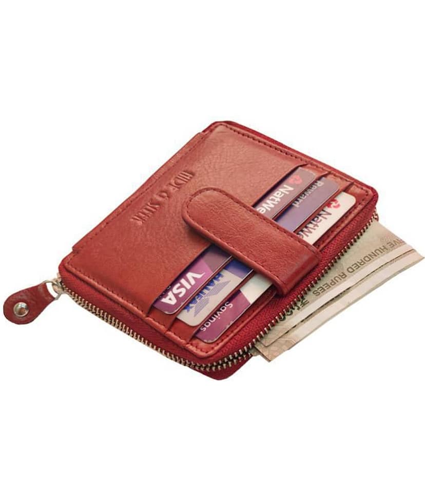 Hide&Sleek RFID Protected Brown Genuine Leather Card Holder with Metal Zipper Clouser