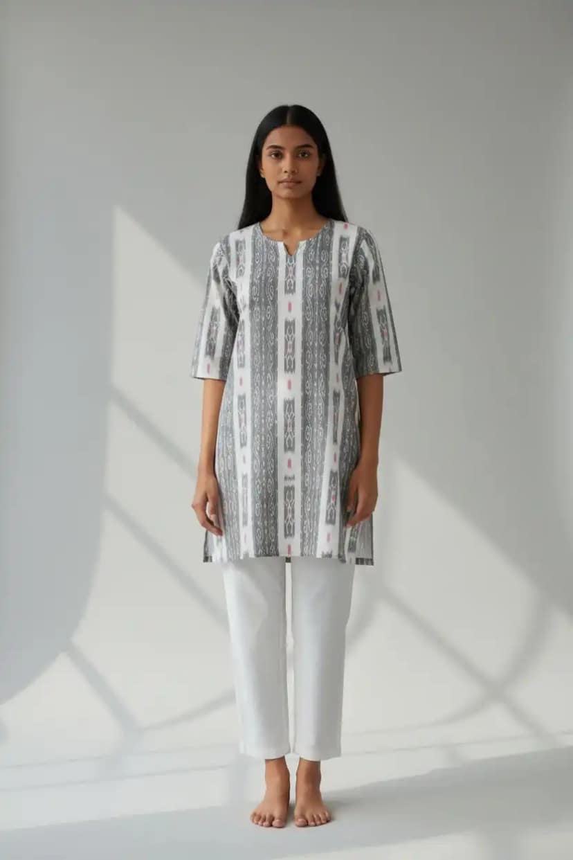 Sambalpuri Ikat Gray White Cotton Kurti