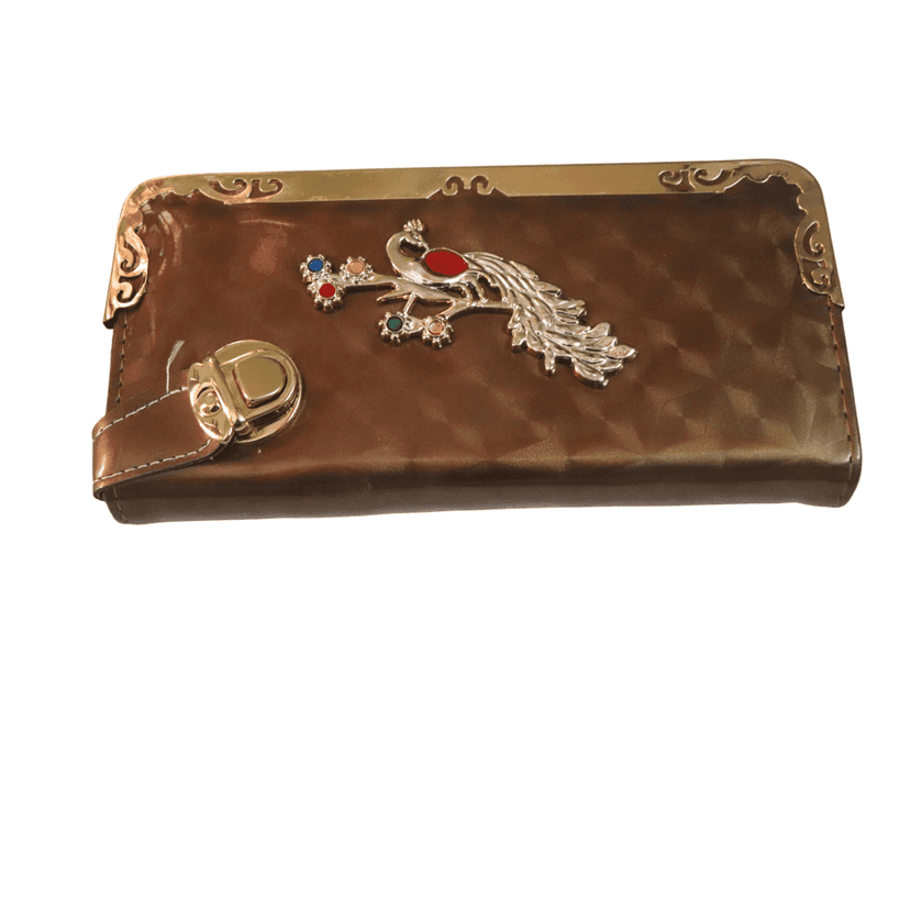 Women's Brown Faux Leather Wallet with Gold Peacock Accents view 2