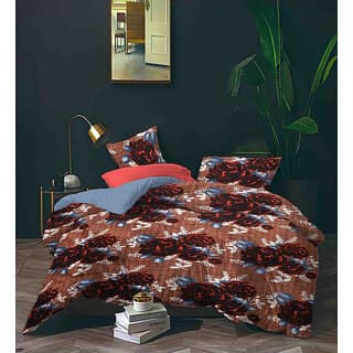 Black Bee Maroon Flowers Print On Brown Double Bedsheet With 2 Pillow Covers (208 X 213 Cm)(Bs4-03)