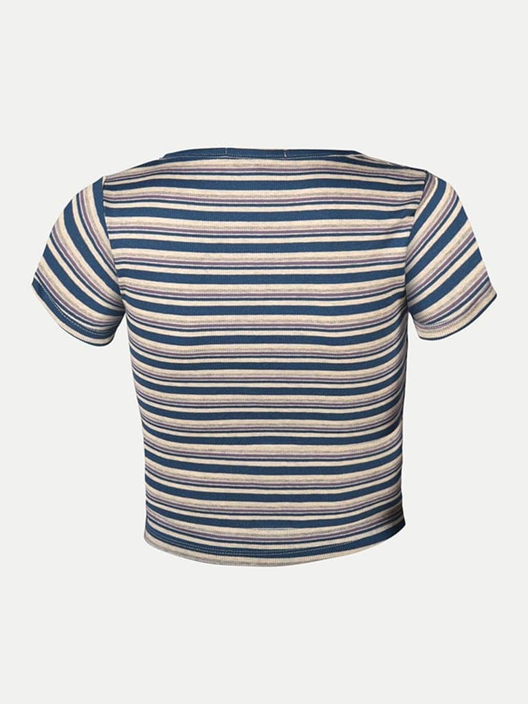 Women Striped Teal Ribbed Keyhole Crop Top view 4