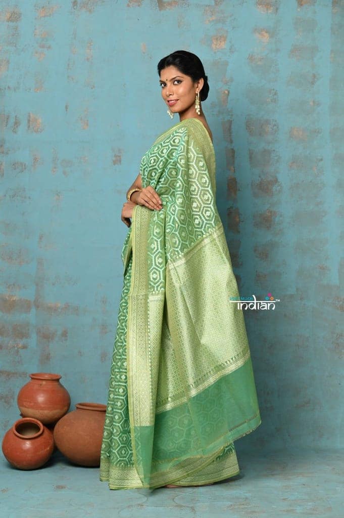 Tejaswi ~ Exclusive High Quality Handloom Banarasi Cotton Saree with Beautiful Abstract Print- Sage Green view 2