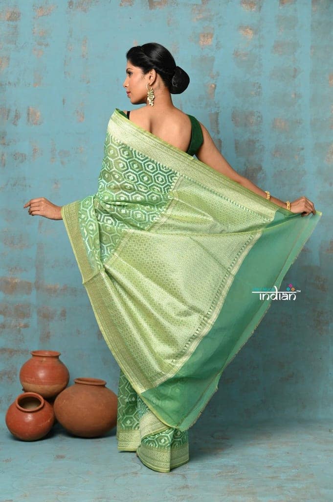 Tejaswi ~ Exclusive High Quality Handloom Banarasi Cotton Saree with Beautiful Abstract Print- Sage Green view 3
