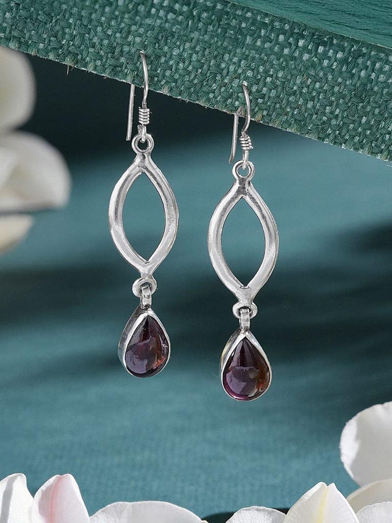 925 Sterling Silver Garnet Gemstone Studded Halo Drop Minimal Dangler Earrings view 4
