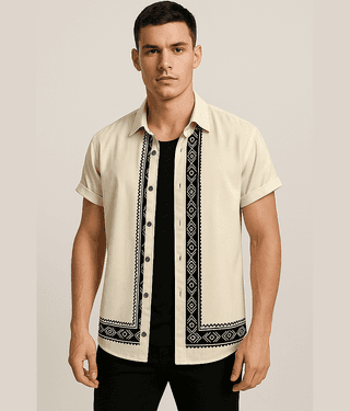 TERIZLA Cotton Blend Regular Fit Printed Half Sleeves Men's Casual Shirt - Cream ( Pack of 1 )