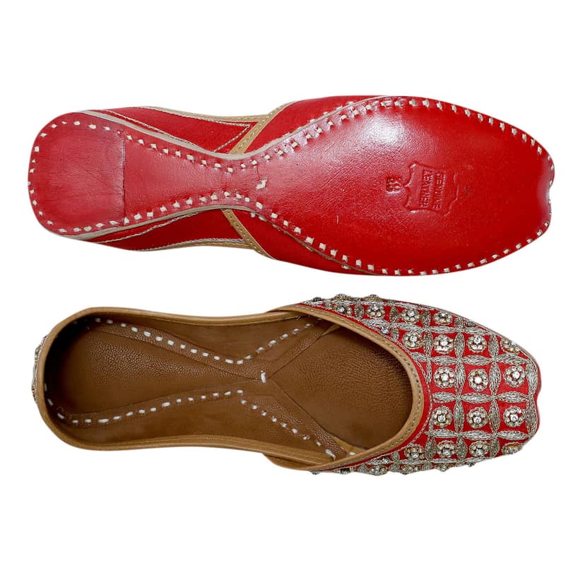 RSK ETHNIC WEAR, Red Color Embroidered Handmade Jutti for Women with Soft Leather and Double Cushion view 3