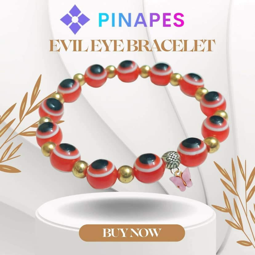Pinapes Butterfly Beads and Evil Eye Charm Bracelet – Red with Pink Butterfly, Fashionable Protection Jewelry for Women