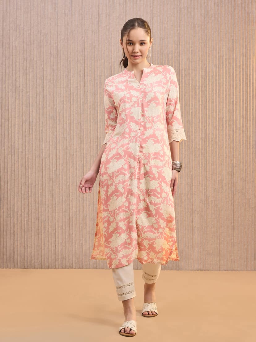 Blush Pink Viscose Printed Kurti With Lace Detailing