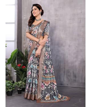NightBlue Linen Printed Saree With Unstitched Blouse Piece ( Black )
