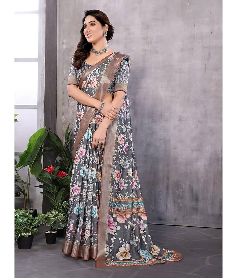 NightBlue Linen Printed Saree With Unstitched Blouse Piece ( Black )
