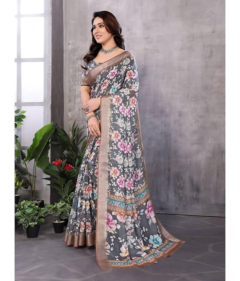 NightBlue Linen Printed Saree With Unstitched Blouse Piece ( Black ) view 2