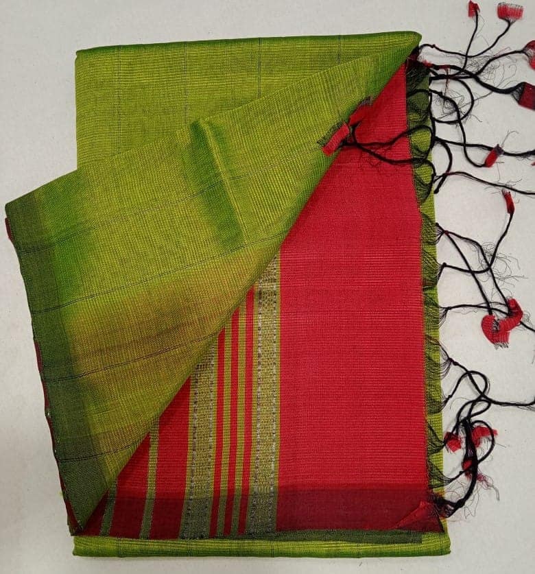 Green Linen Saree With Red And Black Tassels view 2