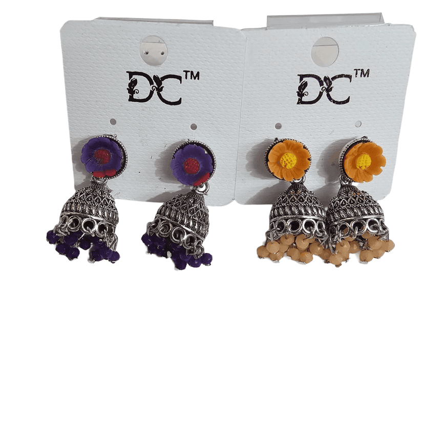 Oxidized Silver Jhumka Earrings with Floral Studs 4 pair combo view 2
