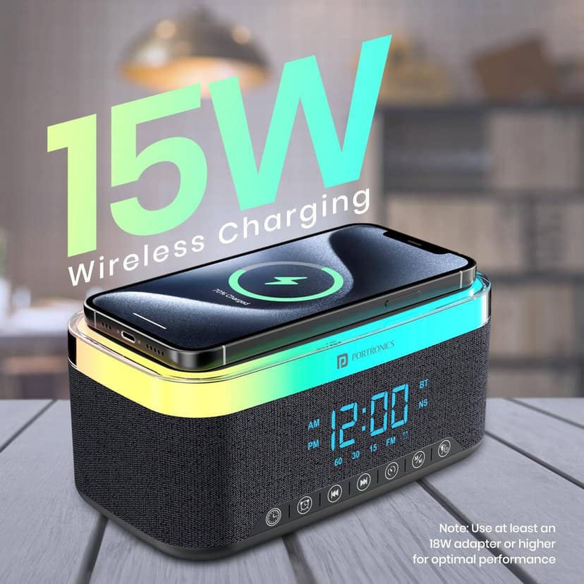 Portronics Trifusion 16W HD Sound Bluetooth Speaker with 15W Wireless Charging, 360°RGB LED Lights, Digital Clock with Alarm Setting, Built-in White Noise, USB, SD Card, AUX in, Type C Charging view 3