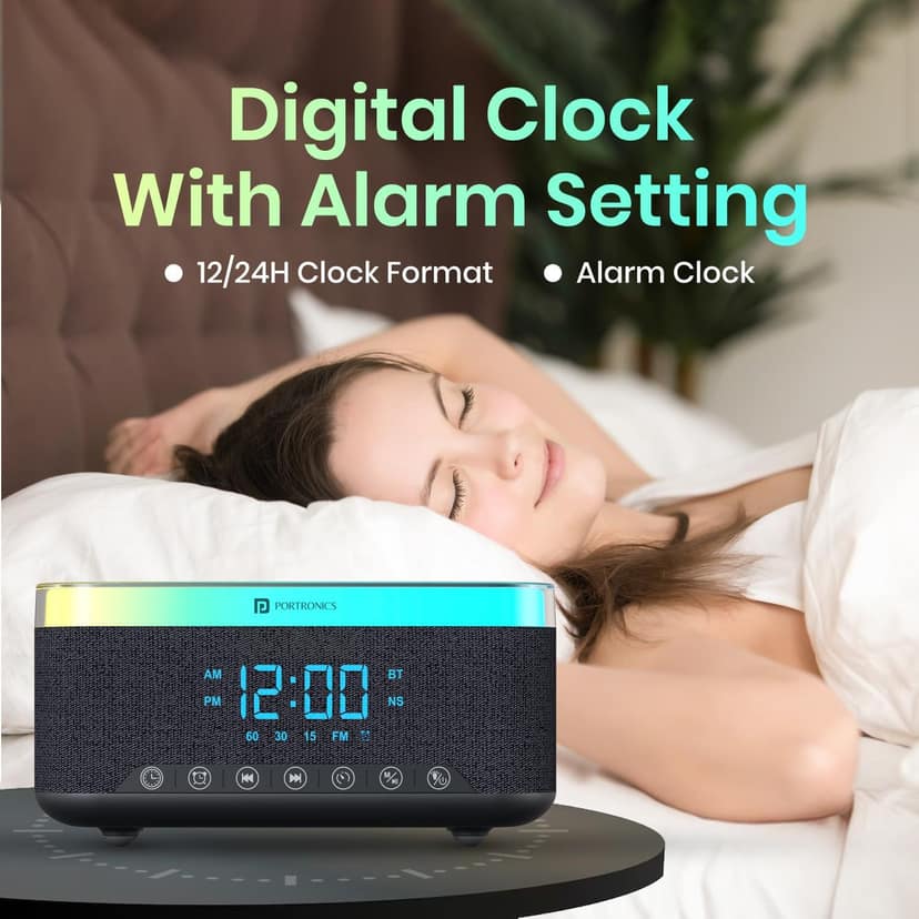 Portronics Trifusion 16W HD Sound Bluetooth Speaker with 15W Wireless Charging, 360°RGB LED Lights, Digital Clock with Alarm Setting, Built-in White Noise, USB, SD Card, AUX in, Type C Charging view 4
