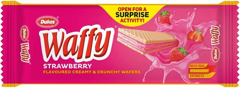 Dukes Waffy Wafers - Strawberry Flavoured, Creamy & Crunchy, 60 g Pouch