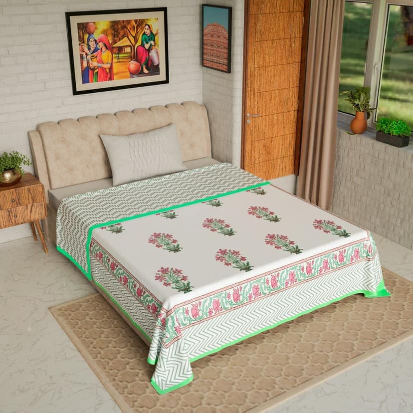 Cotton Blanket - Single Dohar ( 60 x 90 Inches) Green Pink Plant