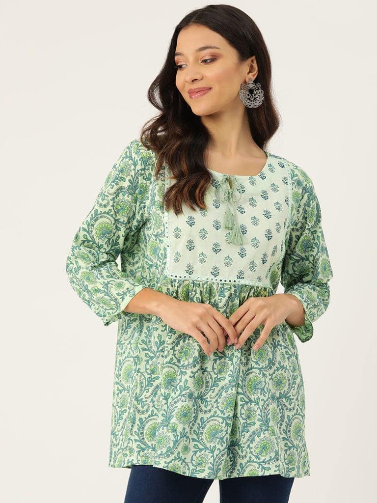 Ethnic Motifs Printed Mirror Work Pure Cotton Mirror Work Pleated Kurti