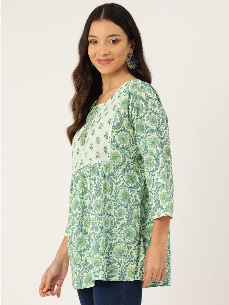 Ethnic Motifs Printed Mirror Work Pure Cotton Mirror Work Pleated Kurti view 2