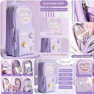 Supreme Deals Canvas Pencil Case, 6 Layer, 3 Compartments, Large Capacity, Cute Aesthetic Purple Pouch, Multifunctional Organizer for School Kids, Girls, Stationery and Study Essentials