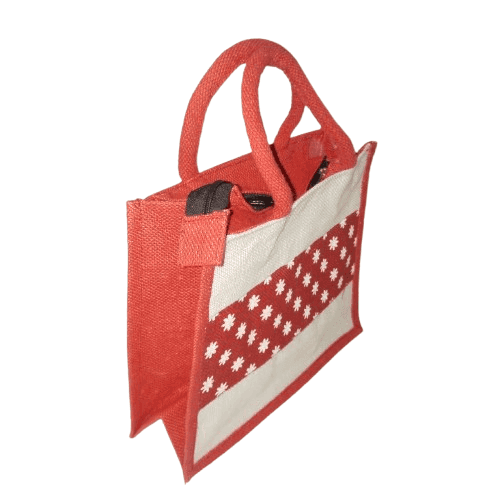 Red and White Jute Bag with Zipper and Floral Print view 2